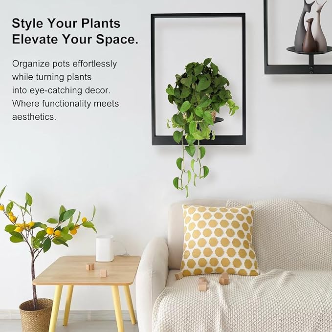 Plant Wall Shelf, Metal Modern Style Frame, Picture Wall Plant Holder, Plant Frames for Living Space Decor Display Stand for Living Room Balcony Garden Patio (2 PACK(BLACK))