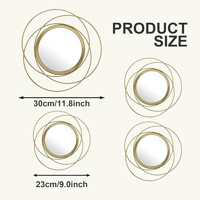 4 Piece Gold Round Wall Mirror Set Modern Metal Circle Home Decor for Living Room Bedroom Entryway 11/9 Inch Decorative Mirrors Minimalist Wall Art for Home