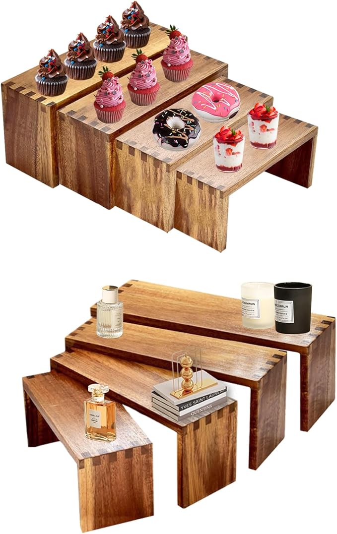 8Pcs Wood Risers Display Stands 2 Set, 4 Tier Rectangular Spice Rack for Food, Desserts, Cup Cake Stand, Large Tiered Shelf Organizer for Perfume, Makeup, Dolls, Collectibles