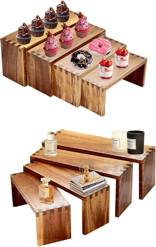 8Pcs Wood Risers Display Stands 2 Set, 4 Tier Rectangular Spice Rack for Food, Desserts, Cup Cake Stand, Large Tiered Shelf Organizer for Perfume, Makeup, Dolls, Collectibles