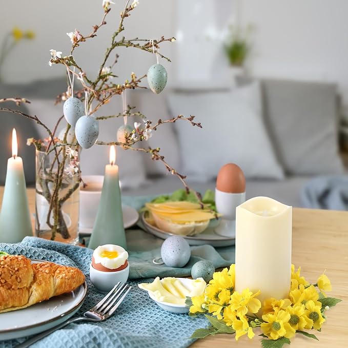 Daifunli 2 Pcs Spring Yellow Daisy Candle Ring Vibrant Floral Candle Wreath Ring for Pillar 3.9 Inch Candles Holder for Wedding Season Dining Table Centerpiece Decor