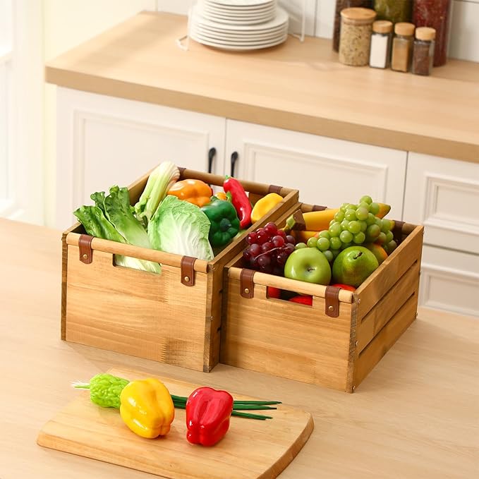 Chunful Set of 2 Rustic Wooden Crate Large Farmhouse Wood Storage Container Boxes with Cutout Handles 15.3 x 11x 7.8 and 13.3 x 9.4 x 7 Inch Vintage Decorative Crate for Display Home Decor
