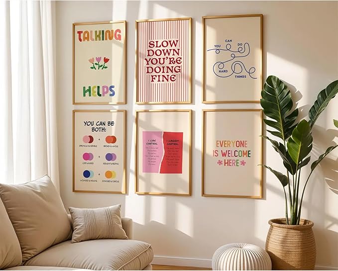 Mental Health Office Wall Decor Therapy Wall Art Mental Health Canvas Posters Motivational Inspirational Quotes Pictures Boho Positive Artwork for Counseling Office Classroom 12x16 Inch Unframed 6Pcs
