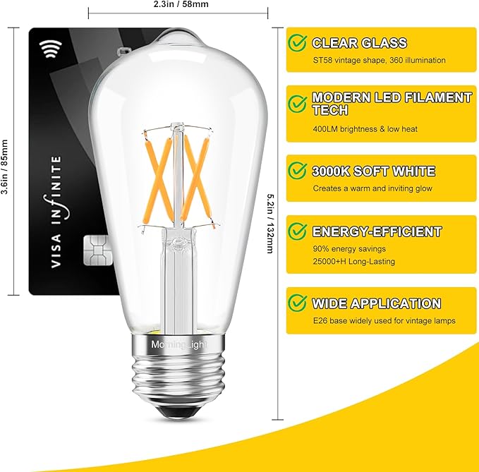 MorningLight 6 Pack Vintage LED Edison Bulbs, Dimmable E26 LED Edison Light Bulbs 40Watt 3000K Soft White, 4W ST58 Antique Decorative LED Bulbs for Farmhouse Pendant/Porch Lights, 400LM
