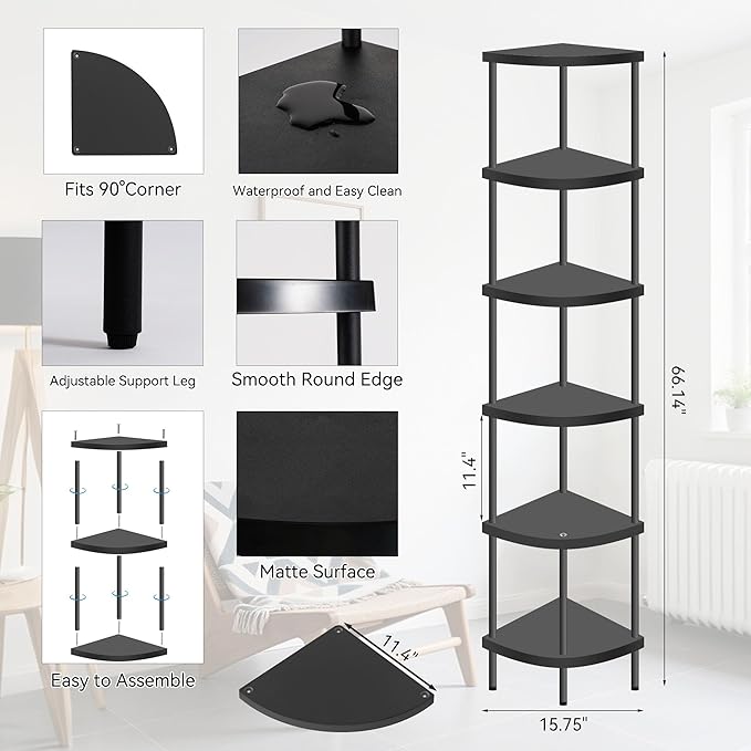 Qupui 6 Tier Corner Shelf Stand, 66” Tall Corner Bookshelf Multipurpose Shelving Unit, Plant Stand Display Rack Home Organizer Shelves for Bedroom Living Room, Black