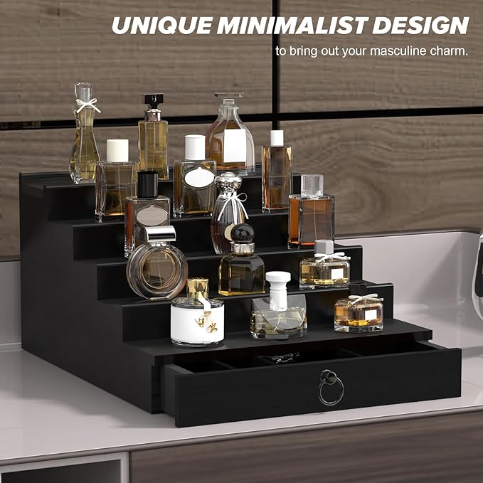 upcessory Cologne Organizer for Men, 5 Tier Black Cologne Shelf, Perfume Stand with Drawer and Hidden Compartment Perfume Display Holder - A Gift for Men
