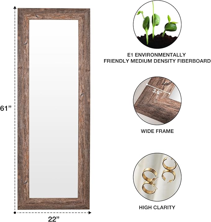 Syndra Farmhouse Full Length Mirror 61x22'', Rustic Floor Mirror, Large Dressing Mirror for Bedroom, Bathroom, Living Room, Vintage Solid Wood Frame, Wall Mounted or Leaning Against Wall Decor