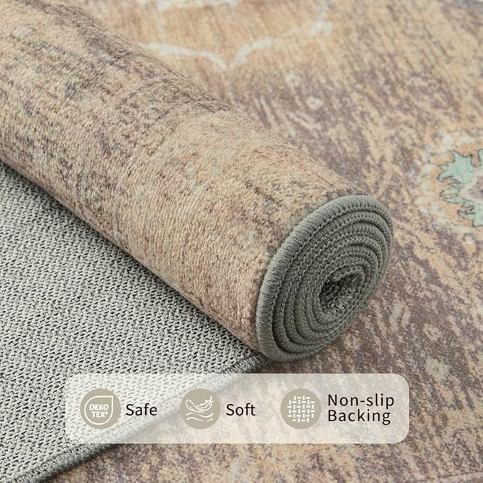 Rugxara 8x10 Area Rugs for Living Room, Large Washable Rug, Beige Vintage Retro Boho Style, Non Slip & Low Pile Faux Wool Carpet for Indoor Dining Room, Bedroom, Dorm, Classroom and Kids Room