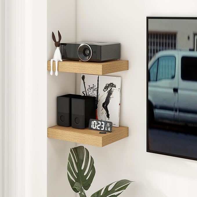 FLYJOE 12 Inch Deep Floating Shelves | 16 Inch Oak Floating Shelves Set of 2 | 16W x 12D Rustic Shelves for Wall | Deep Wood Shelves for Living Room Bathroom Kitchen Bedroom