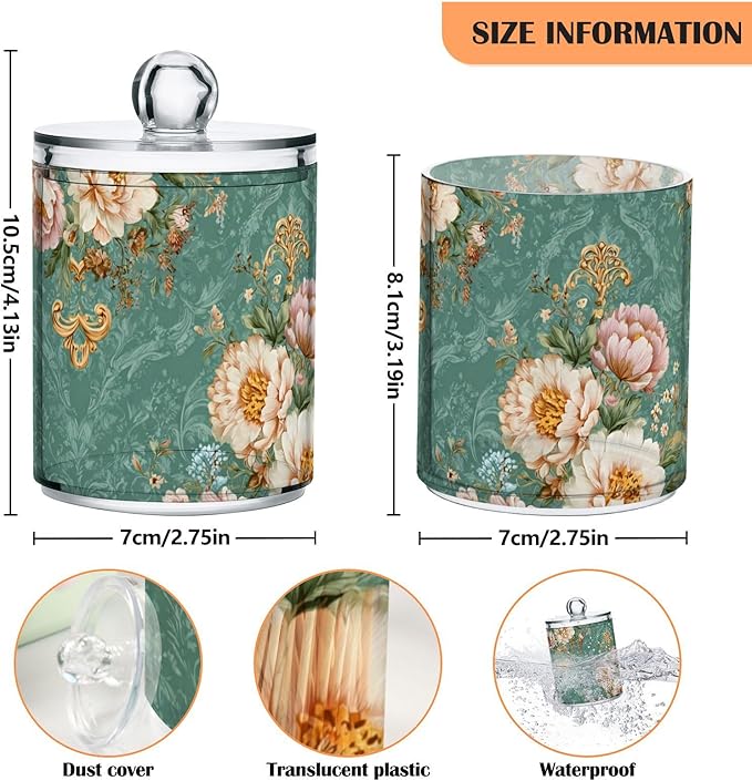 2 Pack Apothecary Jars Floral Motif Collection Green Bathroom Vanity Storage Organizer Set,Small Clear Plastic Storage Jars Bathroom Canister for Cotton Swabs, Rounds, Balls, Qtips,Makeup Spong