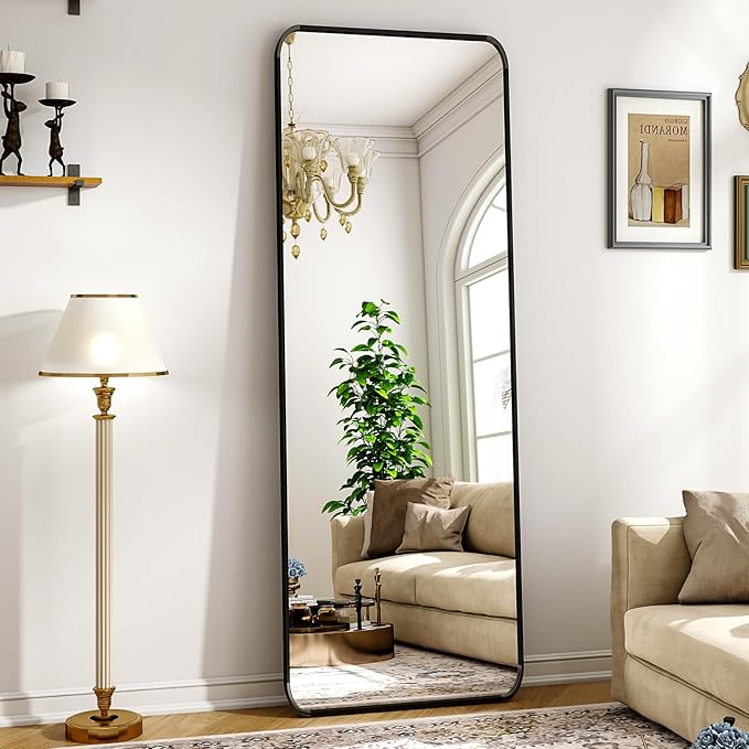 Black Full Length Mirror 16 x 59 Inch Nano Floor Mirrors with Stand, Rounded Corner Full Body Mirrors with Aluminum Alloy Frame for Bedroom Living Room Checkroom