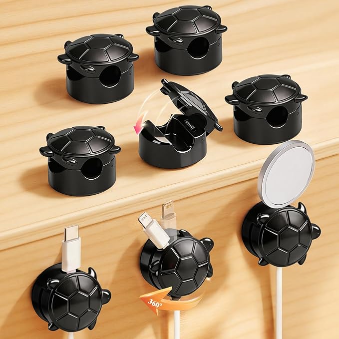 Lancord 8 Pack Rotatable Cable Clips, Cord Organizer Spring Clip Cord Holder for Nightstand Charging Cable Organizers Cable Management for Desk Office Car Wall (Black)