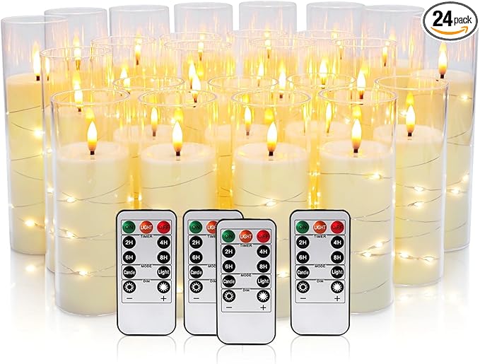 24 Pcs LED Flameless Candles with Remote, 3D Flickering Flame & LED String Lights, Acrylic Clear Cylinder, Timer Function, Romantic Ambience for Home Decor, Party, Wedding (Ivory).