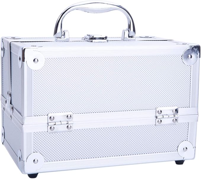 Makeup Box Train Case Large Storage Capacity Trays with Mirror Portable Travel Cosmetic Organizer with Brush Holder, Makeup Travel Train Case, 9" Lx 6" W x 6" H Silver
