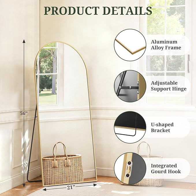 Mirror Full Length 56"x21" Full Body Floor Mirror with Stand, Shatterproof Glass, Aluminum Alloy Frame, Free Standing Wall Mounted or Leaning Arched Mirrors for Bedroom Living Room Entryway
