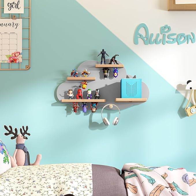 Grey Cloud Tonies Shelf Wall Mounted, Magnetic Floating Shelves with Hook for Toniebox, Tonies Characters & Earphones, Wooden Tonie Storage Shelf for Children Room