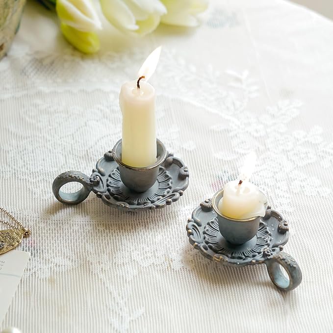 NIKKY HOME Mini Taper Candle Holders Set of 2, Rustic Metal Candlestick for Table Centerpieces, Wedding Decor and Dinner Party, Blue