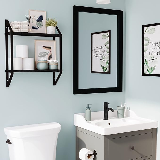 Wallniture Ponza Floating Shelves for Wall, Bathroom Organizer, 2 Tier Bookshelf Living Room, Kitchen Organization Black Wall Shelves for Office Decor