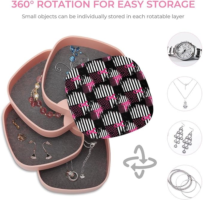 4-Layer Rotatable Jewelry Storage Tray with Mirror Breast Cancer Awareness Ribbon Pink American Flag Jewelry Organizer Earring Holder for Women