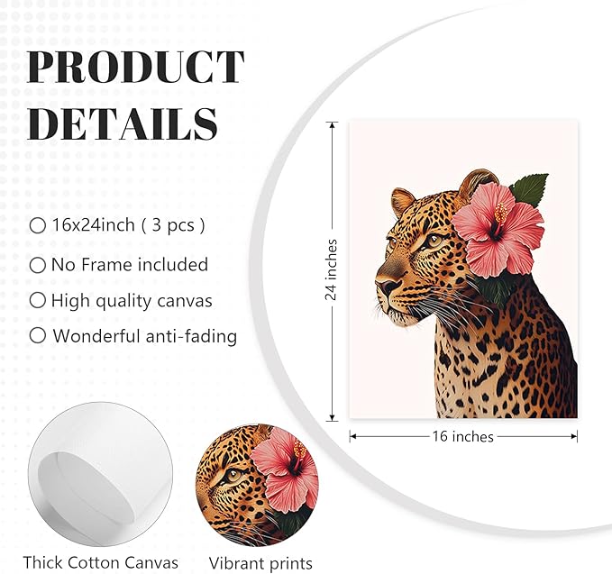 Trendy Leopard Wall Art Pink Cheetah Print Room Decor Leopard Flower Canvas Wall Decor Cheetah Aesthetic Poster Girly Pink Preppy Picture Funky Y2k Artwork for Girl Bedroom 16x24x3 Inch Unframed