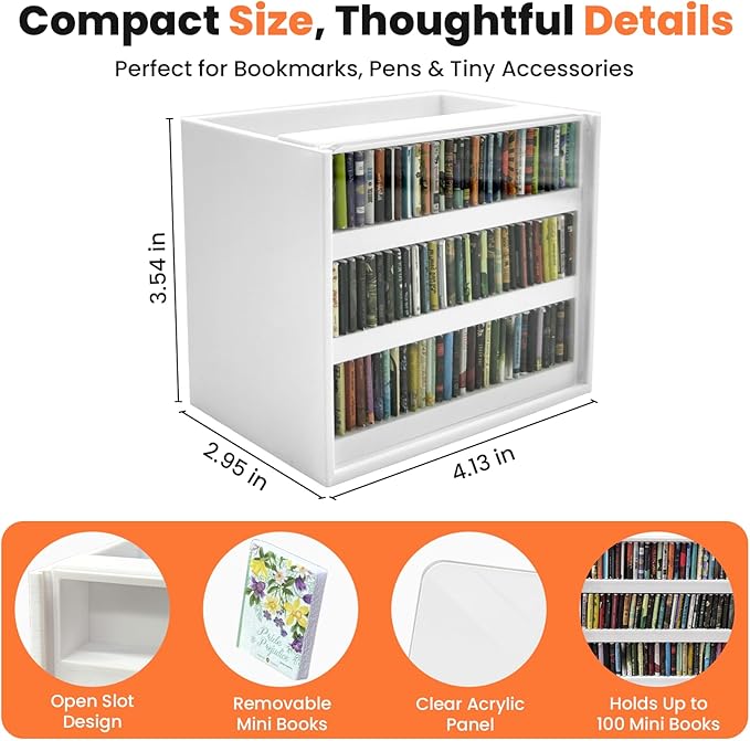 White Anxiety Bookshelf with 100 Mini Books, Shaking Miniature Library for Stress Relief, Aesthetic Bookmark Holder & Pencil Organizer, Tiny Book Shelf Ornament, Gifts for Book Lovers Decor