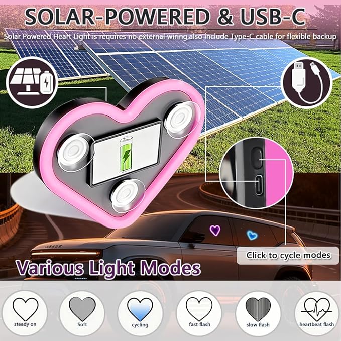 2Pcs Solar Powered Heart Light for Car, LED Wireless Ambient Lamp with 6 Modes & Vibration Sensor Can Automatically Power The Light On, Romantic Ambient Gift for Couples (Pink)