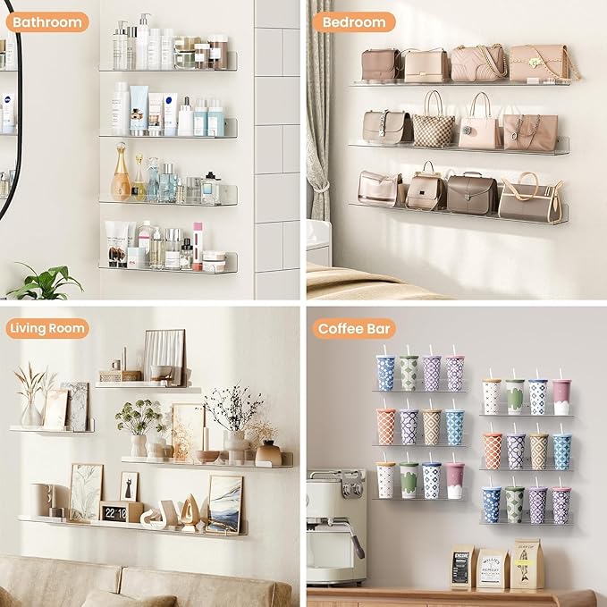 Acrylic Shelves for Bathroom Storage, 15" Floating Shelves Wall Organizer for Perfume, Make up, Skincare, Kids Bookshelf for Bedroom, Nursery, Living Room Decor, Clear 6 Pack