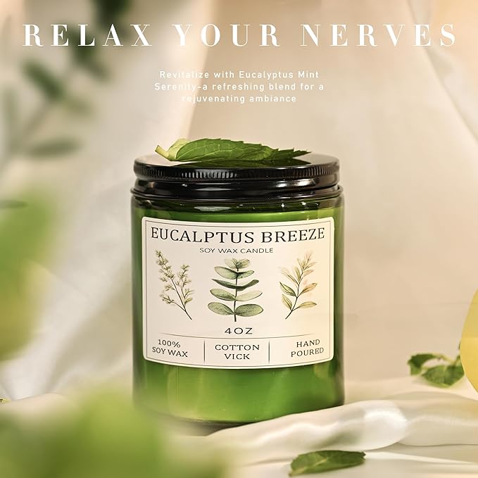 Eucalyptus & Mint Candles for Home Scented, 20 Hours Burn Soy Candle Gift for Women Stress Relief, Meditation, Yoga, Relaxing, Natural Soy Wax for Men and Women, 4oz