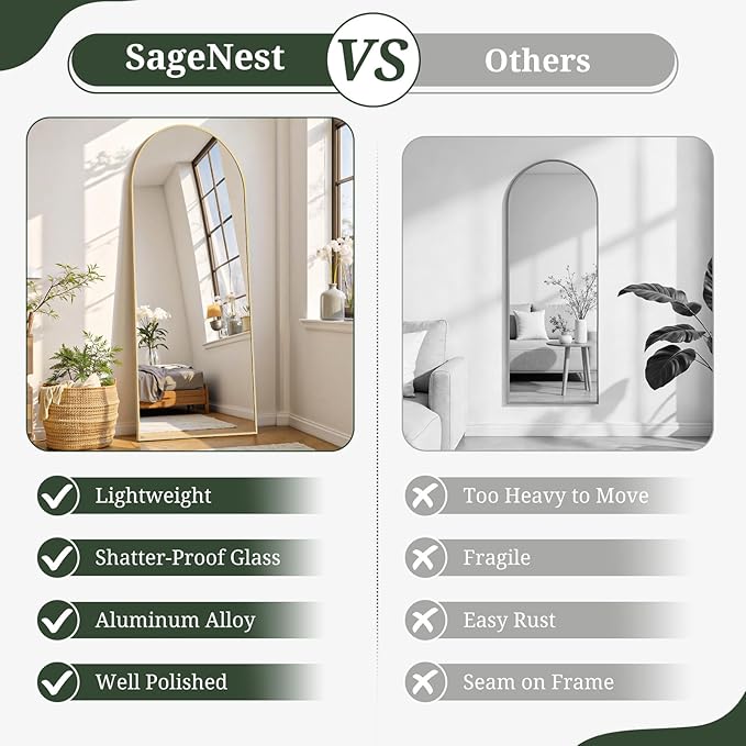 Mirror Full Length 59"x16" Full Body Floor Mirror with Stand, Shatterproof Glass, Aluminum Alloy Frame, Free Standing Wall Mounted or Leaning Arched Mirrors for Bedroom Living Room Entryway