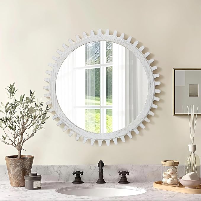 ULIKE Round Wood Mirror, 30 Inch Rustic Farmhouse Circle Mirror with Wooden Frame, Modern Wall Decor for Bathroom Nursery Bedroom Living Room Entryway, White