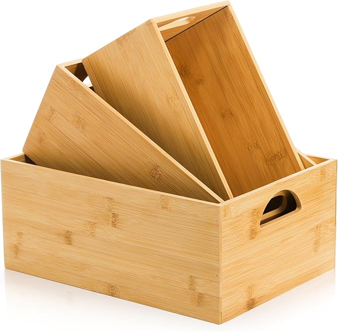 DEAYOU 3 Pack Bamboo Storage Bin, Bamboo Storage Box Crate, Natural Nesting Organizer, Stackable Cubby Basket Container Holder with Handle for Display, Book, Toy, Snack, Decor, Modular Open, 3 Sizes