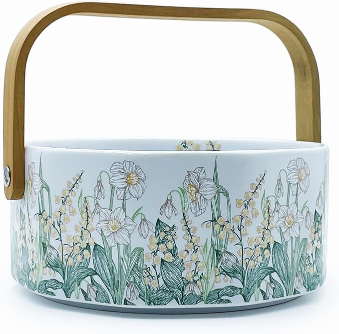 Ceramic Fruit Basket with Detachable Wooden Handle Candy Dish Decorations Ornaments Decorative Bowl Home Kitchen & Dining Table Office Decor(Yellow Bellflower)