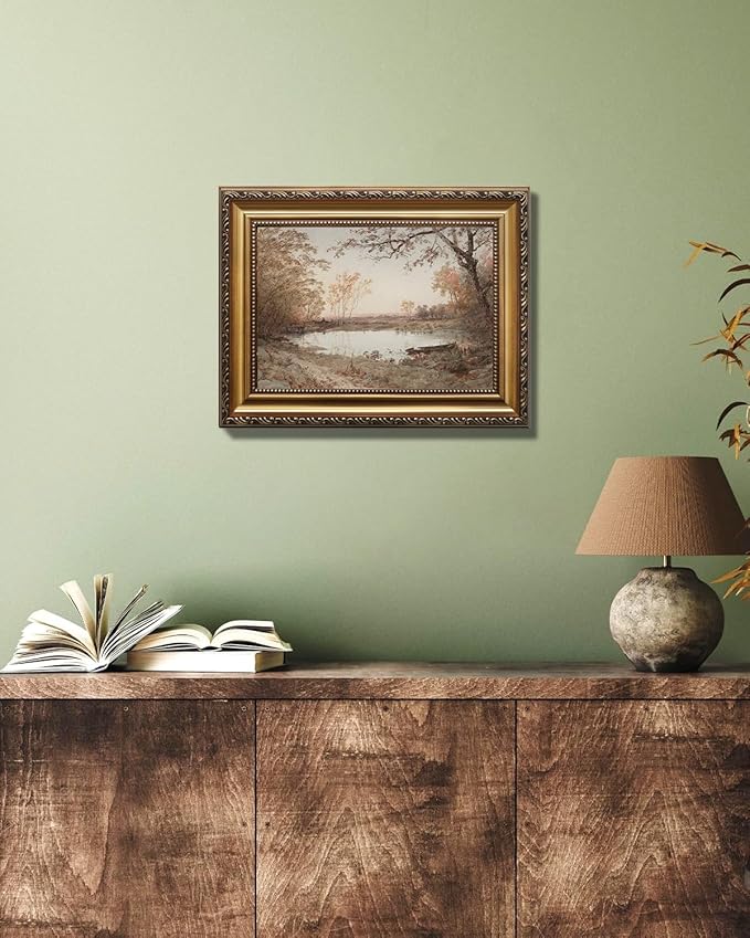 KBKBART Vintage Framed Wall Art for Living Room, French Country Decor Retro Rivers Muted Autumn Pond Landscape Oil Painting, Neutral Farmhouse Decor, Gold Framed Canvas Print Artwork Nature Vintage Wall Art, 9"x12"