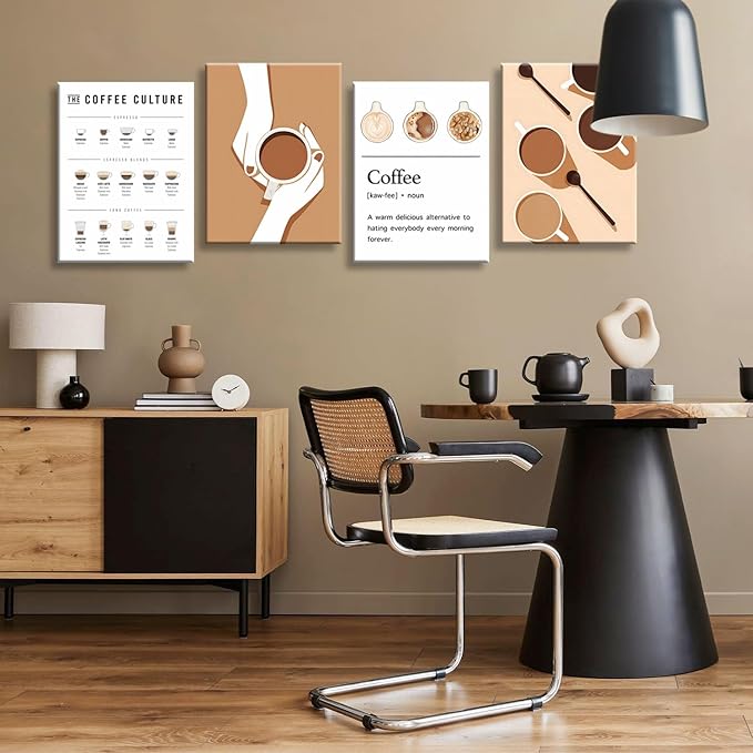 NCYEL 4pcs Modern Minimalist Coffee Wall Art Kitchen Coffee Shop Pictures Simple Home Decor Aesthetic Posters Neutral Brown and Beige Bar Decor 12x16 Inch
