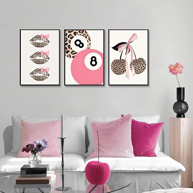 Trendy Pink Leopard Bow Wall Art Set of 3 Funky Cherry Lucky 8 Ball Posters Prints Cute Coquette Preppy Room Aesthetic Wall Decor Pictures for Girls Bedroom Apartment Dorm Unframed 16x24in