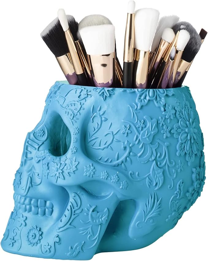 Skull Makeup Brush Holder, Pen Holder, Vanity, Desk, Office Organizer, Stationary, Decor Planter, Candy Bowl, Goth Decorations, Extra Large, Skulls Gothic Skull & Bones Organizer Bathroom (Blue)