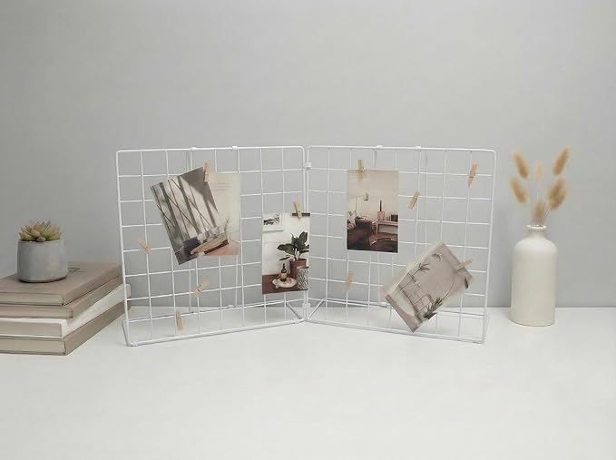 Foldable Double-sided Desktop Photo Display Rack & Grid Display Board With 20 Wooden Clips – Photo & Accessory Organizer For Home Office White