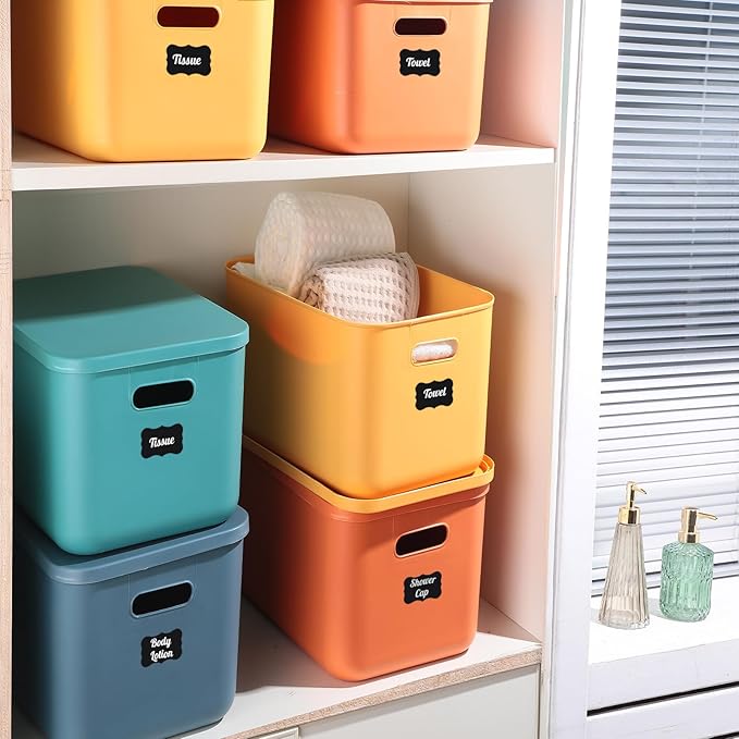Tanlade 8 Pcs Plastic Storage Bins Stackable Baskets with Lid and Handle Colorful Desktop Storage Box Cubby Containers for Shelf Bedroom Office, Include 1 Erasable Marker, 16 Stickers (14 x 10 x 9 In)