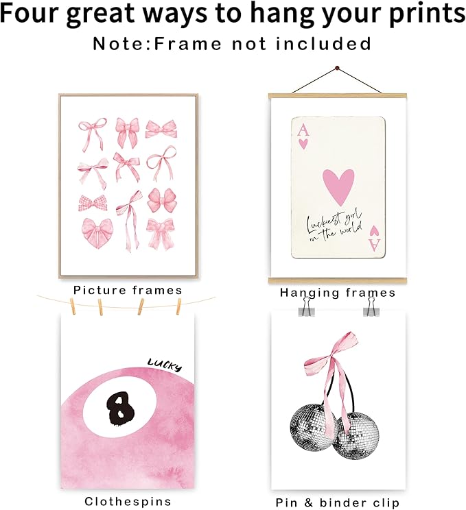 okaxscm Pink Coquette Trendy Preppy Wall Art Prints Set of 4, Coquette Room Decor, Preppy Room Decor Aesthetic, Pink Bow Disco 8 Ball Cherry Wall Decor Posters for Girls Bedroom Dorm, 12x16 Unframed