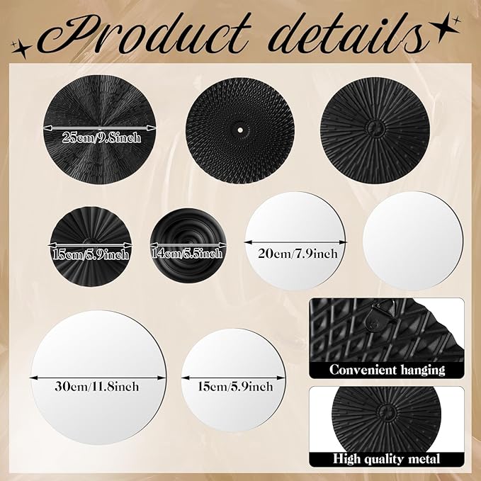Blulu 9 Pcs Black Mirror Wall Decor Metal Round Home Art Decor Decorative Modern Circle Mirror Wall Art Sculpture Hanging Decorations for Home Living Room Office