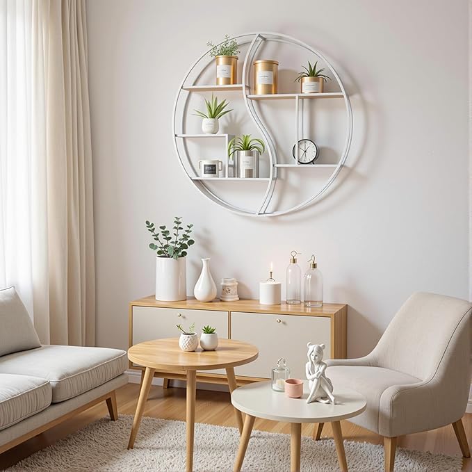 Round Wall Shelf,24 inch Metal Circle Wood Floating Shelves,Rustic White Wall Mounted Display Organizer Shelf for Fireplace,Living Room,Bathroom