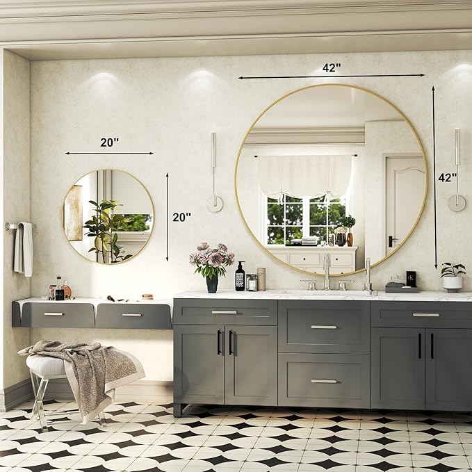 42 Inch Round Bathroom Mirror - Gold Wall Mounted Circle Mirror with Metal Frame, Modern Round Hanging Mirror Suitable for Bathroom, Vanity, Entryway, Living Room