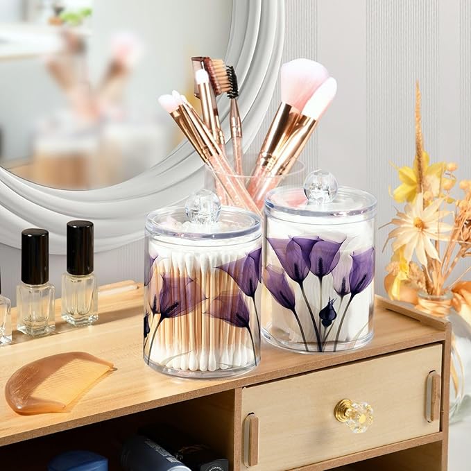 4 Pack Qtip Holder Dispenser Purple Tulip Lily Flower Cotton Ball Swab Round Pads Floss Clear Bathroom Storage Containers Plastic Apothecary Jars with Lids