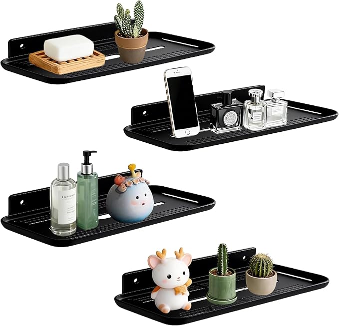 FAYYGYH Adhesive Floating Shelves No Drill Floating Shelf for Wall Storage Damage-Free Wall Mounted Organizer for Bathroom, Kitchen, Bedroom & Office (Black, 4 PCS)