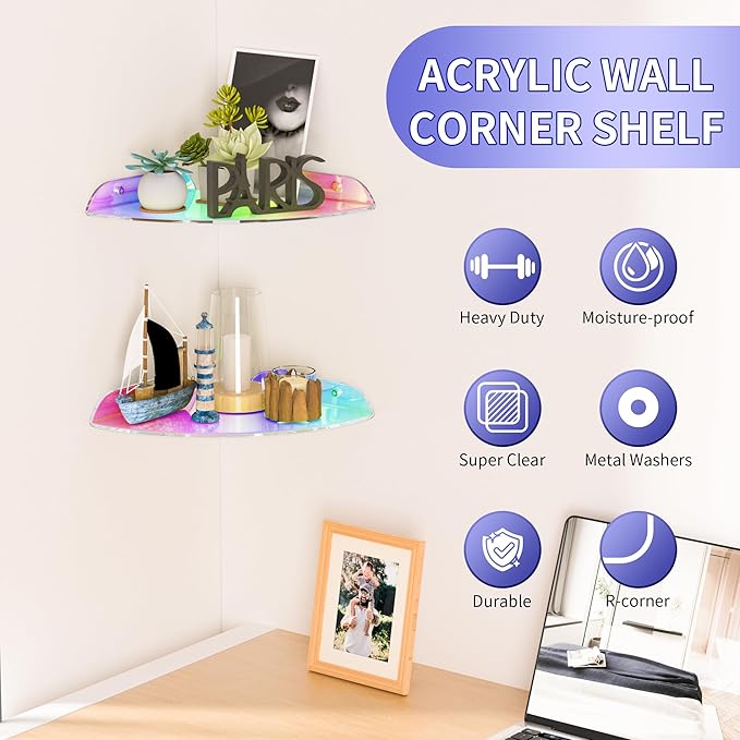 Sezanrpt 9.5x9.5 Inch Acrylic Corner Floating Shelf Set of 2, Iridescent Corner Wall Shelf for Home Décor, Speakers, Security Cameras, Toileries, Plants, Figures, Cosmetics, Books