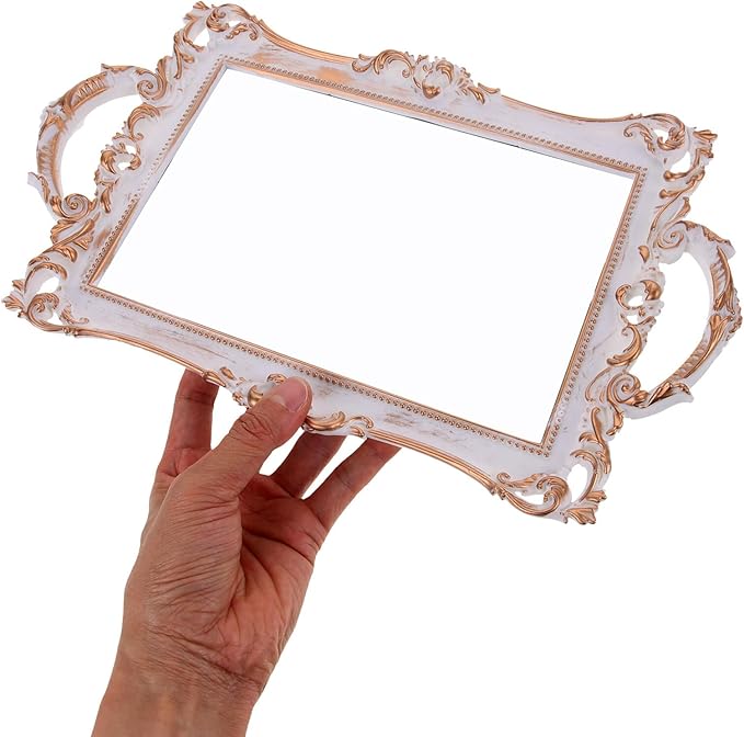 Housoutil European Vintage Gold Mirror Vanity Tray Jewelry Dish Perfume Display Organizer Plastic Makeup Storage Holder for Bedroom and Dressing Table