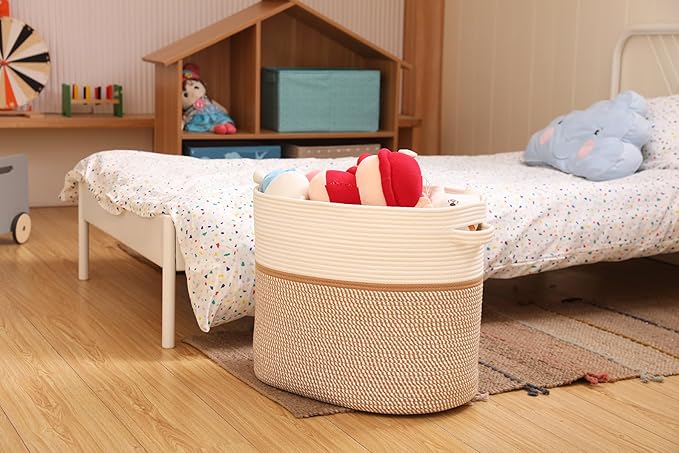 22"x14"x18" Rectangular Extra Large Storage Basket With Lid, Large Cotton Rope Storage Basket, Woven Laundry Hamper, Cloth Storage Bin, for Clothes Towels Blankets in Living Room, White/Camel Mix