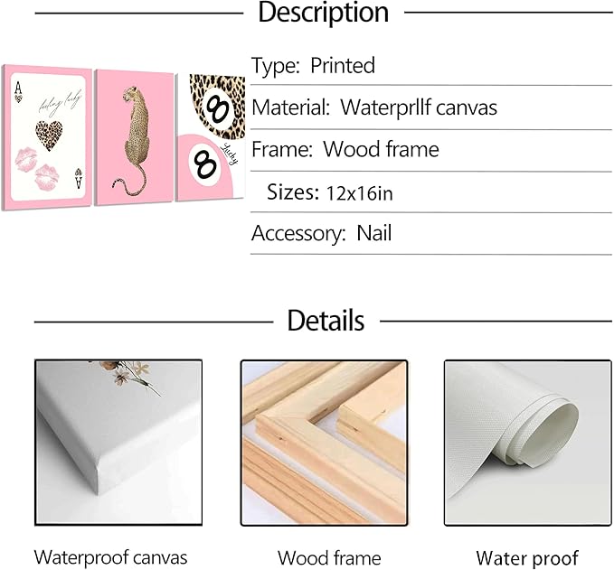 3Pcs Pink Trendy Leopard Print Canvas Wall Art, Fashion Cheetah Posters,Luxury Playing Card Pictures,Y2k Preppy Aesthetics Wall Decor for Girls' Room Bedroom Dorm Apartment. 16x12in Framed