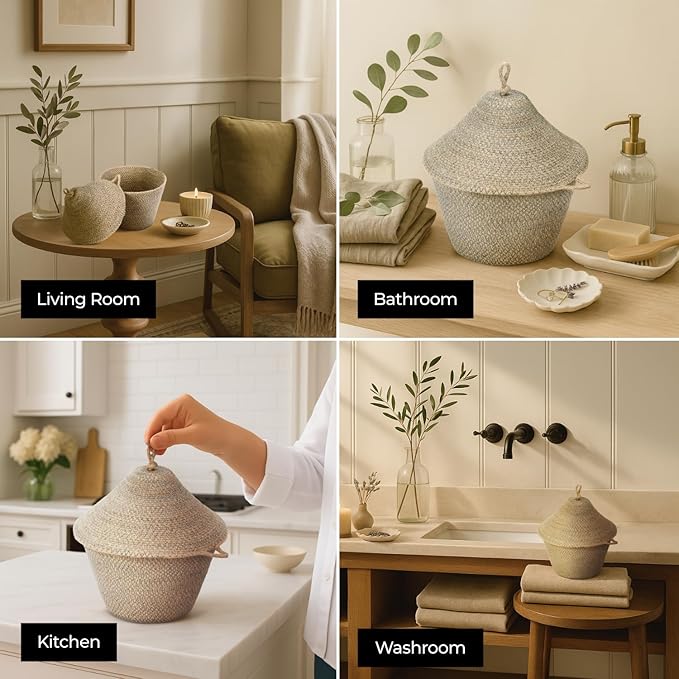 Olea Mushroom Container – Handmade 12" Woven Jute Decorative Storage Basket – Rustic Storage for Entryway, Bathroom, Kitchen, or Boho Cottagecore Decor - Seafoam