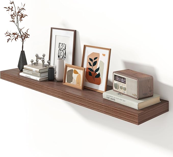 FLYJOE 12 Inch Deep Floating Shelves | 55 Inch Walnut Floating Shelves | 55" W x 12" D Rustic Wood Shelves for Wall | Deep Walnut Shelves for Living Room Bathroom Laundry Room Kitchen